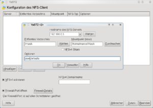 Abbildung 3: YaST findet NFS-Server im lokalen Netz automatisch, Sie müssen nur noch das lokale Verzeichnis und die Mount-Optionen angeben.