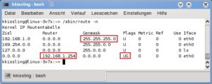Abbildung 5: Der Route-Befehl verrät neben der Gateway-Adresse auch die Subnetzmaske des LAN.