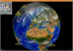 Abbildung 5: Der kommerzielle Earthbrowser zeigt aktuelle Wetterdaten auf einem Globus. Die roten Streifen hier im Bild sind die Flugbahnen von Satelliten.
