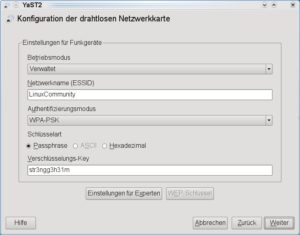 Abbildung 7: Wenn Sie das WLAN über YaST einrichten, müssen Sie sämtliche Parameter von Hand einstellen.