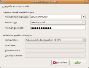 Abbildung 8: Auch unter Ubuntu können Sie das WLAN manuell einrichten.