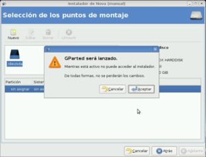 Abbildung 1: Für die manuelle Partitionierung startet das Nova-Installationsprogramm das externe Tool Gparted.