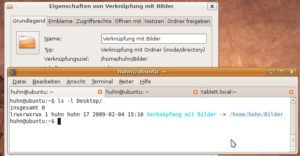 Abbildung 1: Einmal grafisch (unter Gnome), einmal auf der Shell: So spüren Sie symbolische Verknüpfungen und das Ziel der Links auf.
