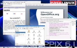Abbildung 2: Knoppix mit dem schlanken Standard-Desktop LXDE und einigen aktiven Programmen; links unten der zu LXDE gehörende einfache Dateimanager.