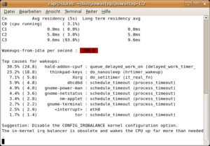 Abbildung 3: Powertop zeigt, dass auf diesem nicht optimierten System die Software den Kernel etwa 205 Mal pro Sekunde aufweckt, was unnötig Energie kostet.