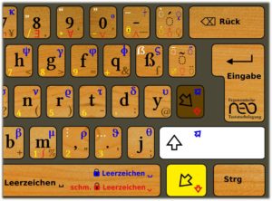 Abbildung 4: Neben der üblichen Großschreibebene (weiß) gibt es noch die Bewegungs- und Ziffernblock-Ebene (gelb =     <code srcset=