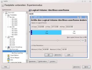 Abbildung 4: Logische Volumes lassen sich mit OpenSuses YaST2 einfach verwalten, in der Größe anpassen oder neu anlegen.