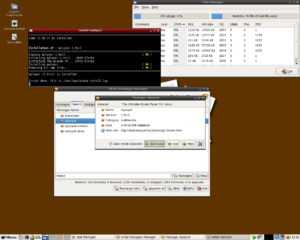 Der grafische Paketmanager von Slitaz, im Hintergrund der Speicherverbrauch der Distro.
