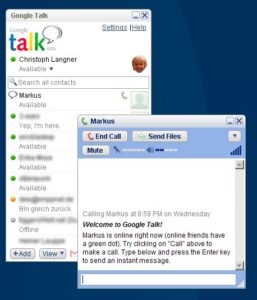 Abbildung 2: Google Talk im Gespräch mit einem Kontakt, der Empathy benutzt. Das kleine Telefon symbolisiert, dass der Kontakt in der Lage ist, via Jabber ein Telefonat zu führen.