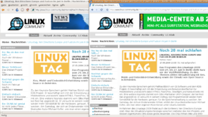 Bei Firefox (links) zeigen sich bereits in der ersten Zoomstufe deutliche Artefakte um das LC- und das Linuxtag-Logo.