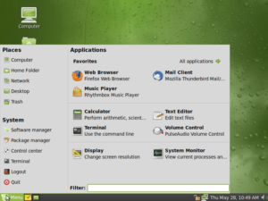 Das Hauptmenü von Linux Mint in einem dezenten Grün-Grau.