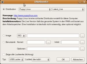 Abbildung 2: Die Konfiguration von Unetbootin verläuft dank einer aufgeräumten Oberfläche recht intuitiv: Oben kommt die Distribution rein, unten der fertige USB-Stick raus.