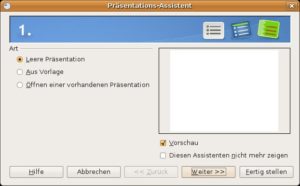 Abbildung 2: Der Präsentationsassistent von Impress. Über ihn hangeln Sie sich Schritt für Schritt zu einer gelungenen Präsentation.
