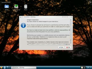 Abbildung 2: Der Standarddesktop von Kongoni mit dem über KDialog realisierten Installationsprogramm.