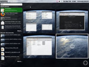 Abbildung 3: Im Overlay-Modus haben Sie einen Überblick über alle virtuellen Desktops. Ebenso stehen das Anwendungsmenü, die zuletzt ausgeführten Anwendungen und die zuletzt geöffneten Dokumente zur Verfügung.