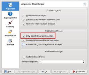 Über eine Checkbox lassen sich die DRM-Beschränkungen in Okluar ein- und ausschalten.