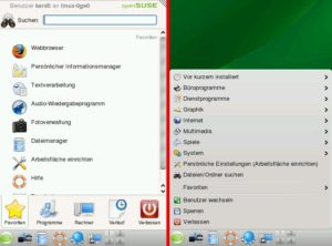 Abbildung 1: Die Menüstile in KDE 4: Links das neue Kickoff und rechts das klassische KDE-Startmenü.