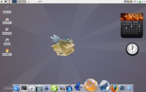 Abbildung 1: Der Standarddesktop von Bee Linux mit dem Cairo-Dock am unteren Bildschirmrand und den zwei Gdesklets rechts.