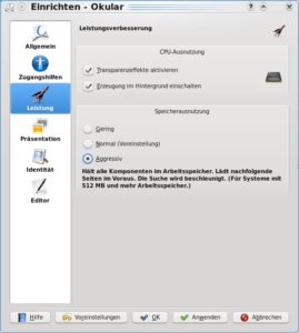 Abbildung 2: Mit der Option "Aggressiv" im Abschnitt "Speicherausnutzung" geht Okular bei der Suche in PDF-Dateien flinker zu Werke.