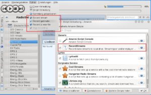 Abbildung 4: Nach der Installation des Skripts "RecordStream" (unten rechts) finden sich im Menü "Extras" Einträge für die Aufnahme (rot markiert).