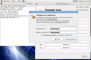 Abbildung 5: Setzen Sie ein Kennwort für den Benutzer "knoppix" – hier einmal im grafischen Gnome-Programm und einmal im Terminal.