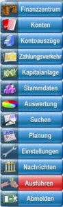 Abbildung 5: Nach der Anmeldung erreichen Sie alle Dialoge und Funktionen von Moneyplex über das Hauptmenü.