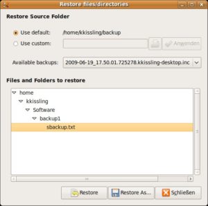 Abbildung 6: Schnelle Restauration: Eine zweite Oberfläche von Sbackup kümmert sich um die Wiederherstellung der Daten. Die Trennung von Konfiguration und Restauration ergibt Sinn.