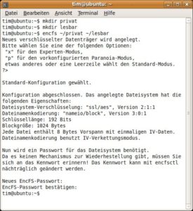 Abbildung 1: Ein verschlüsseltes Verzeichnis zu erstellen, erfordert nur einen Befehl und ein Passwort. Wenn die als Parameter übergebenen Ordner noch nicht existieren, legt EncFS sie selbstständig an.