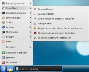 Abbildung 1: Nach der Installation finden Sie im KDE-Menü neue Einträge für CrossOver. Darüber können Sie unter anderem neue Windows-Programme installieren.