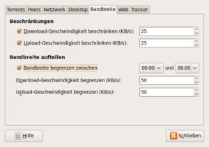 Abbildung 1: Auf Knopfdruck bringen Sie den Datenfluss nachts so richtig zum Rauschen. Die Bandbreite können Sie außerdem für jeden Torrent individuell einstellen.
