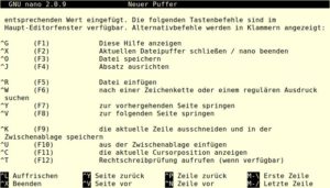Abbildung 1: Nano zeigt am unteren Fensterrand häufig benutzte Kommandos an. Mehr Informationen finden Sie in der deutschsprachigen Kurzhilfe.
