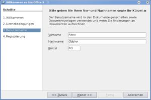 Abbildung 2: Im Einrichtungsassistenten geben Sie auch Ihren Namen und ein Kürzel ein, so erscheinen Sie in selbst erstellten Dokumenten als Autor.