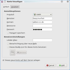 Abbildung 2: Jabber-Accounts erstellen Sie direkt aus Pidgin heraus, indem Sie den Haken bei "Dieses neue Konto auf dem Server anlegen" setzen.