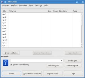Abbildung 3: TrueCrypt nach dem ersten Start; mit dem Button "Create Volume" starten Sie den Wizard für neue Container.
