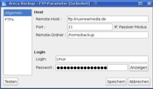 Abbildung 4: Alternativ zum Speichern in lokalen Verzeichnissen erlaubt es Areca auch, die Daten auf einen FTP-Server zu transferieren.