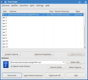 Abbildung 5: Nachdem Sie einen Crypto-Container gemounted haben, erscheint er in der Liste der aktiven Laufwerke.