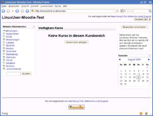 Abbildung 5: So präsentiert sich dem Administrator die Moodle-Startseite – noch ist kein Kurs angelegt.