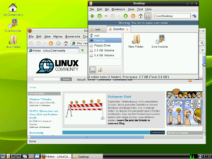 Der Desktop der LXDE-Version im typischen Suse-Grün mit Firefox und Pcman-Dateimanager.