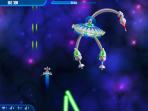 Am Ende eines jeden Levels wartet ein Boss-Gegner. Seine verbrauchte Lebensenergie zeigt der Balken am oberen Bildrand.