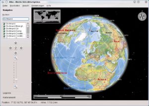 Abbildung 1: Marble zeigt nach dem Start den Globus, hier in der Atlas-Ansicht mit der Stadt Dortmund als angepeiltes Ziel.