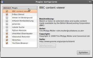 Abbildung 4: Totem lässt sich durch Plugins aufbohren. Standardmäßig kommen Erweiterungen unter anderem für BBC, Jamendo und Youtube mit dem Programm.