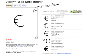 Euro-Symbol zeichnen und nach ein paar Sekunden erscheinen die passenden TeX-Markups.