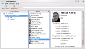 Die Hauptansicht des für KDE 4.4 geplanten neuen KDE-Adressbuchs.