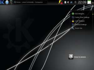 Der KDE-Desktop von Yoper mit der Kontrollleiste am oberen Bildschirmrand.