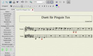 Abbildung 3: Die zwei "Fis" im Takt 5 liegen außerhalb des normalen Tonumfangs einer Geige. Musescore stellt sie daher rot dar.