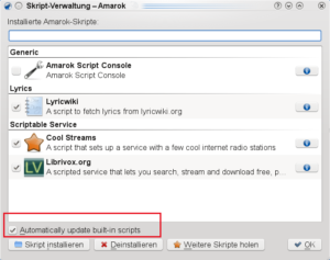 Amarok 2.2.1 sucht automatisch nach Updates zu den offiziellen Skripten.
