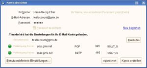 Abbildung 1: Der Account Wizard findet selbstständig die richtigen Angaben zu STMP- und IMAP- oder POP-Server heraus.