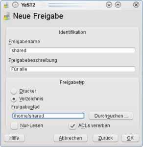 Abbildung 4: Neue Samba-Freigaben legen Sie in YaST in einem komfortablen Interface an.