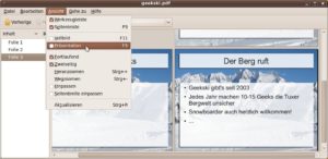Abbildung 5: Der Dokumentenbetrachter Evince bietet einen integrierten Präsentationsmodus und ist somit eine ressourcenschonende Alternative zu OpenOffice Impress & Co.