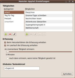 Abbildung 6: In diesem Dialogfenster tragen Sie oft ausgeübte Tätigkeiten ein und sortieren diese nach Kategorien. Ob und wie oft Hamster Sie daran erinnert, nicht abzuschweifen, geben Sie hier ebenfalls an.
